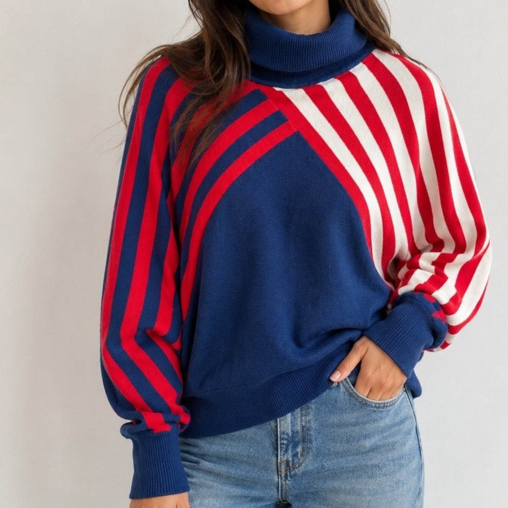 Vintage 80s Knitivo Turtleneck Striped Sweater Patriotic Olympics USA Artsy Fall